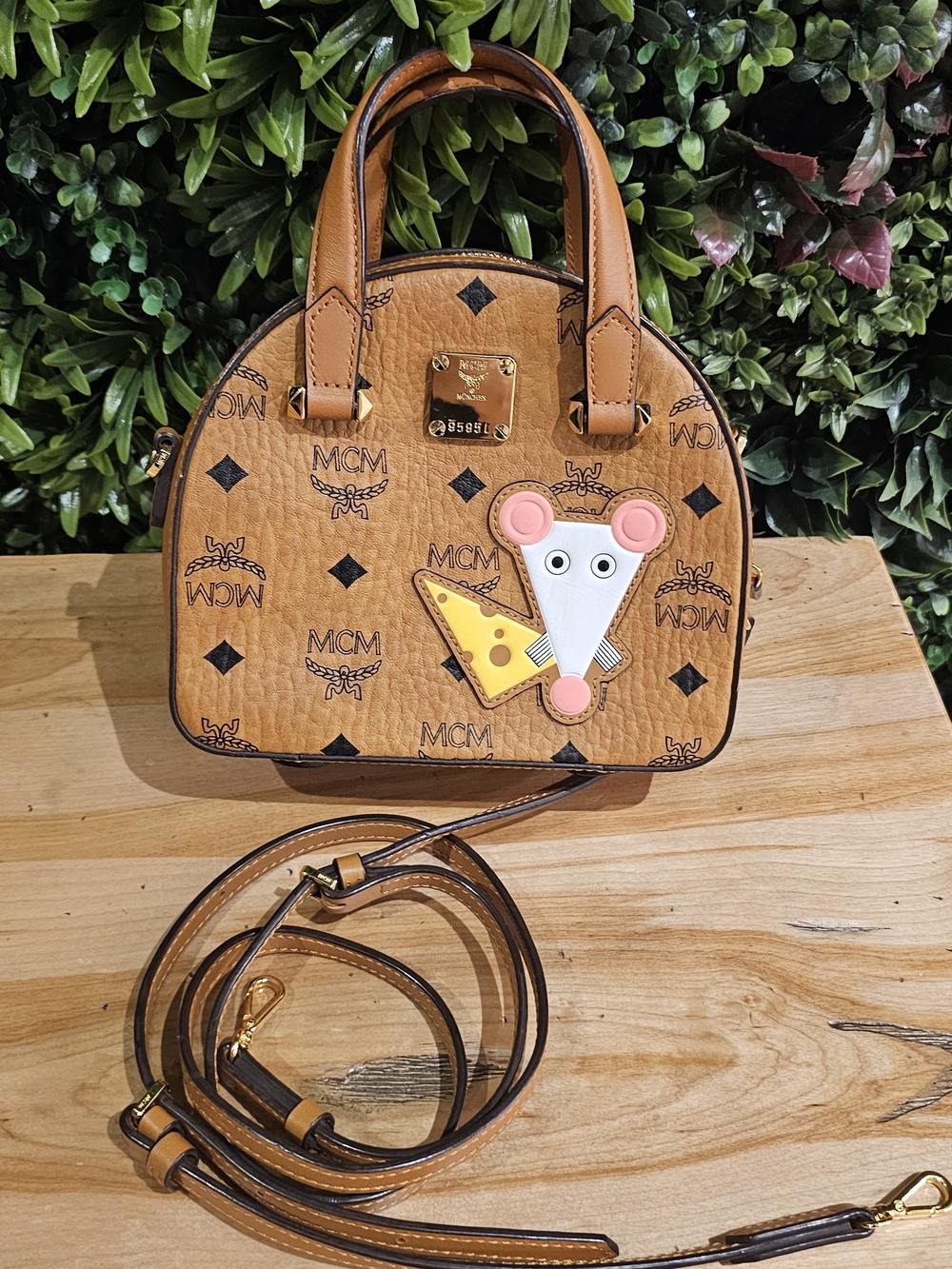MCM Cognac Visetos Kids' Crossbody Bag with Mouse & Cheese Patch